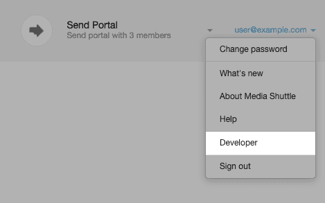 The top right-hand corner of the IT Administration Console with the user menu exposed. The Developer option is highlighted as the second last item in the drop-down menu, directly above Sign out 